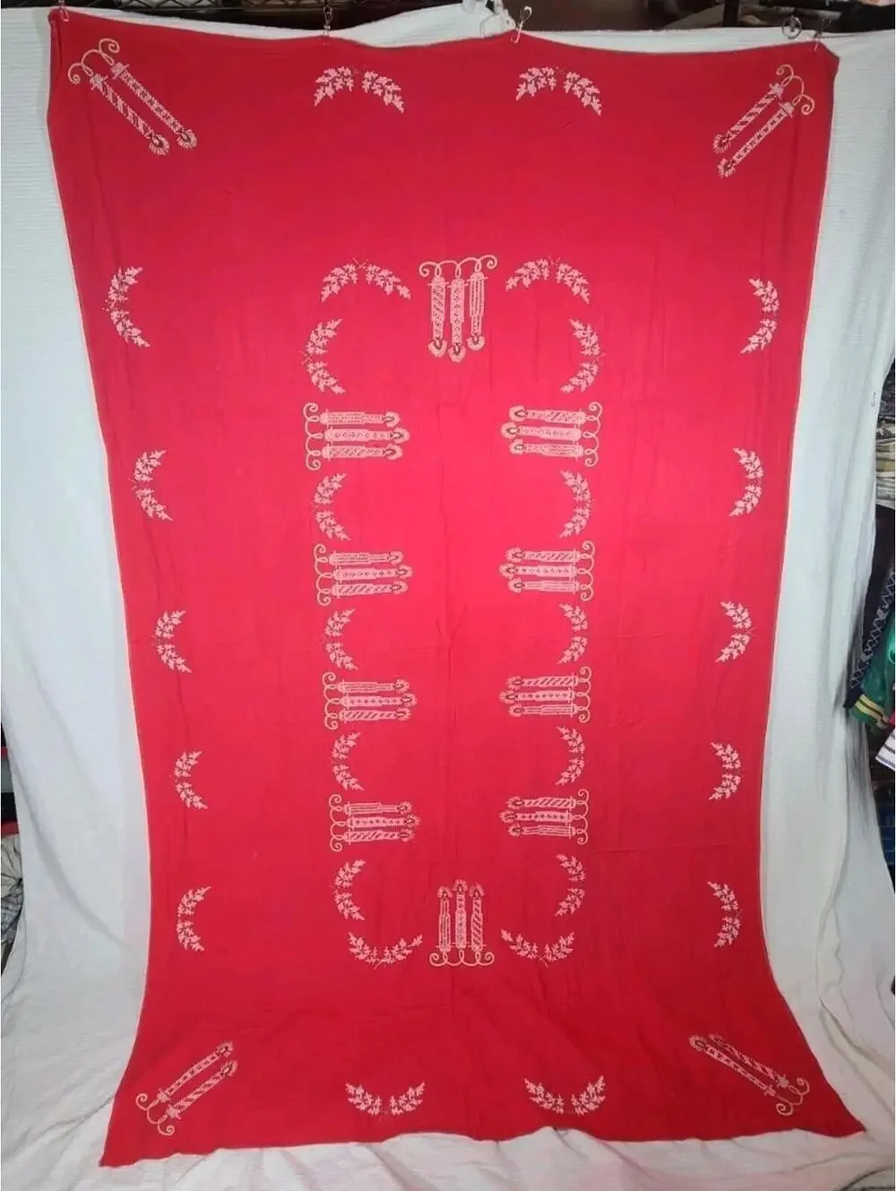 Vintage 50s Tablecloth Rhinestone Hand Embroidery Sparkle Candles Holiday 60x92